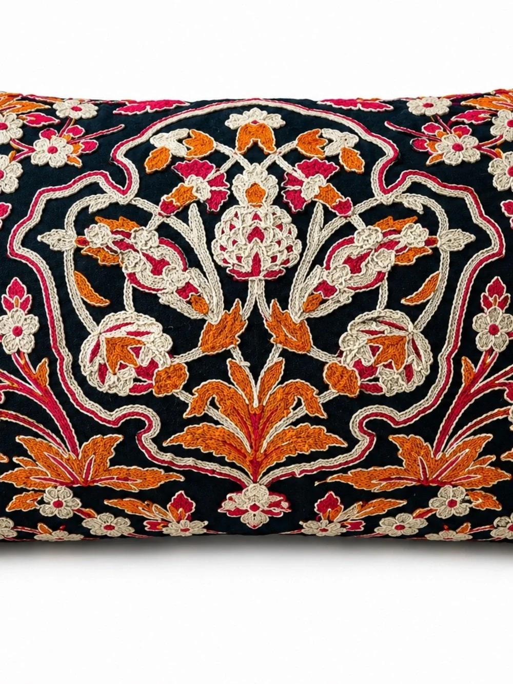 Envogue Navy Blue Orange & Cream Embroidered Accent Pillow Down Fill Tassels